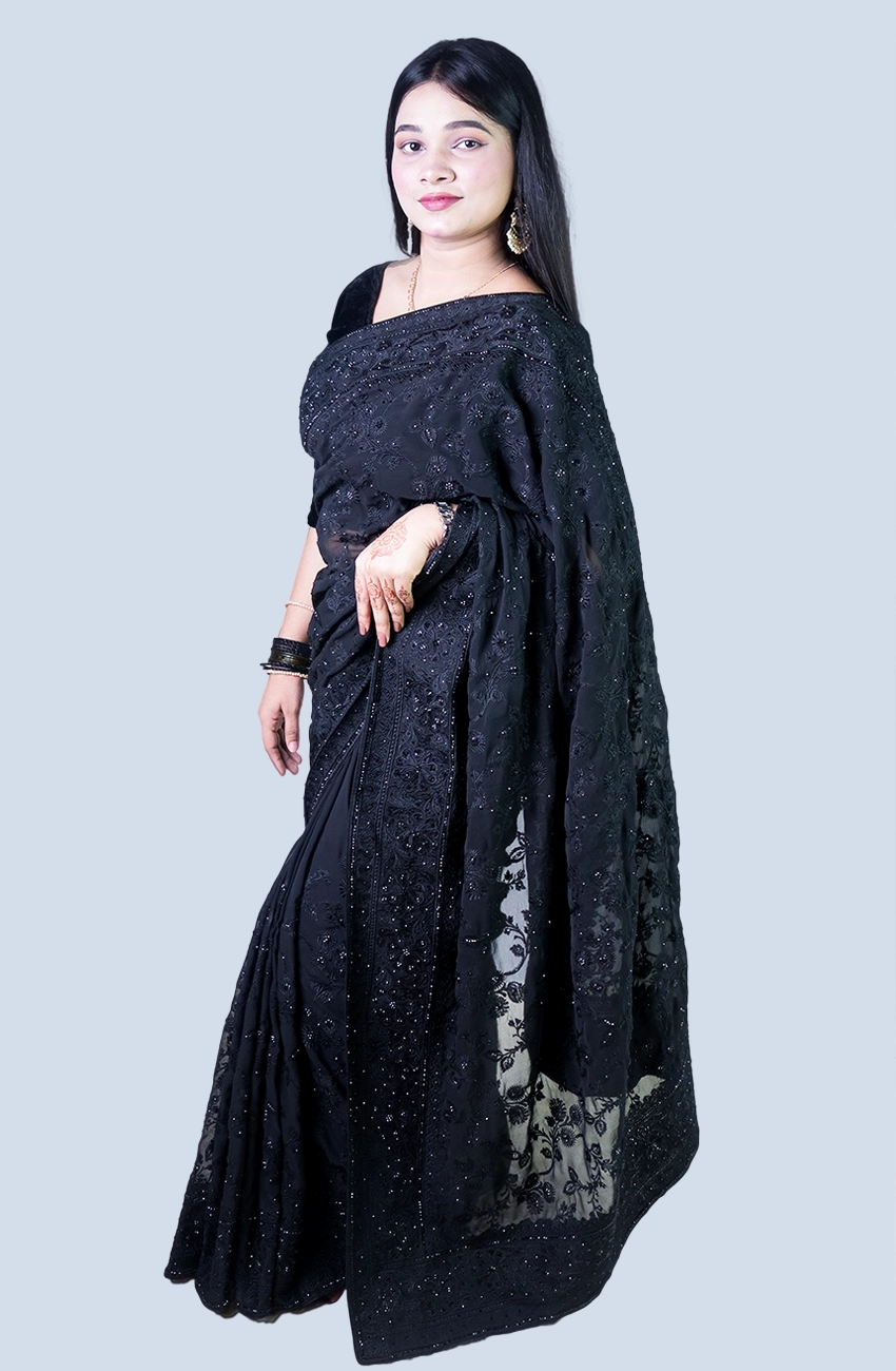 Black Soft Chiffon Georgette Saree with Elegant Stone & Embroidery Work